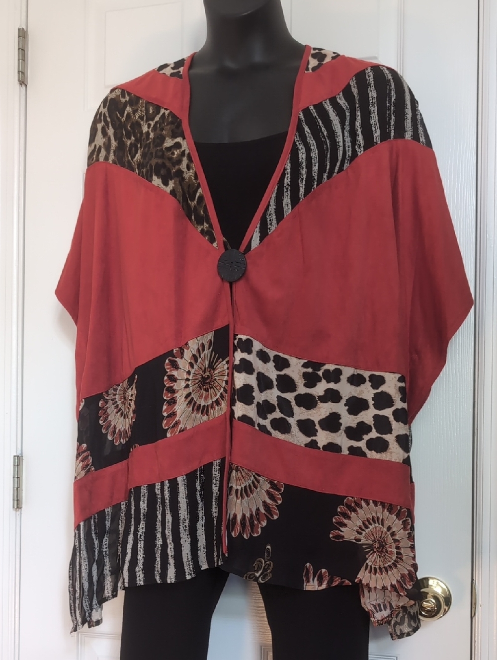 John Mark Red Mixed-Print Open-Front Tunic